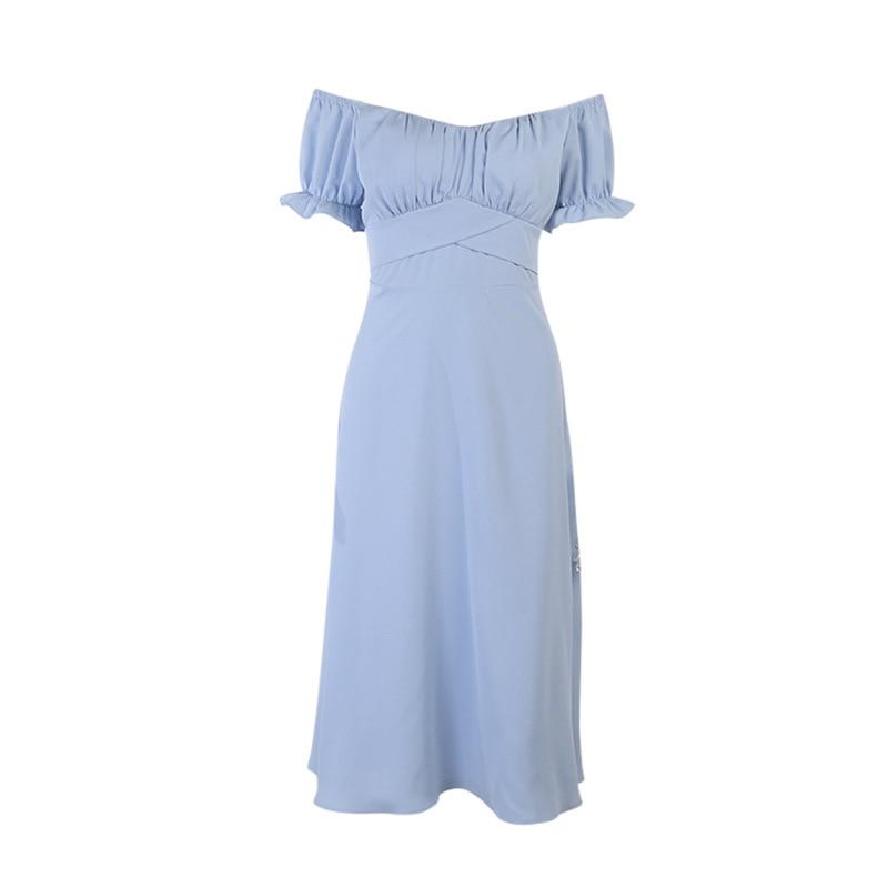 light blue off the shoulder midi dress Light Blue Off Shoulder Midi Dress – Elegant Puff Sleeve Fairytale Sty –  Ella Etc