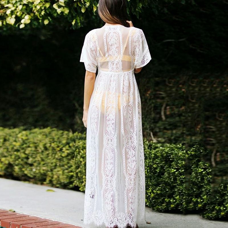 knee length dresses for ladies Women's Long Sleeve White Lace Maxi Kimono Cover Up