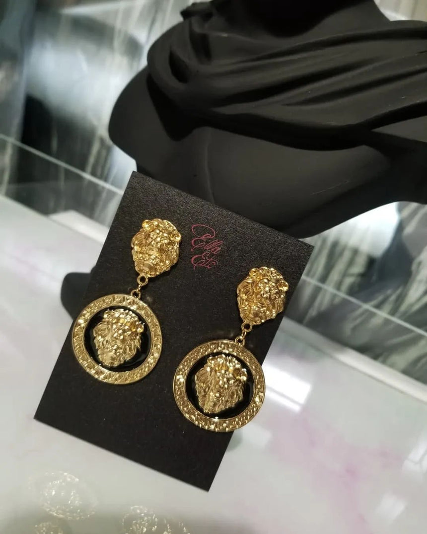 Gold Lion Head Statement Earrings- Bold Vintage Style Royal Medallion Dangles