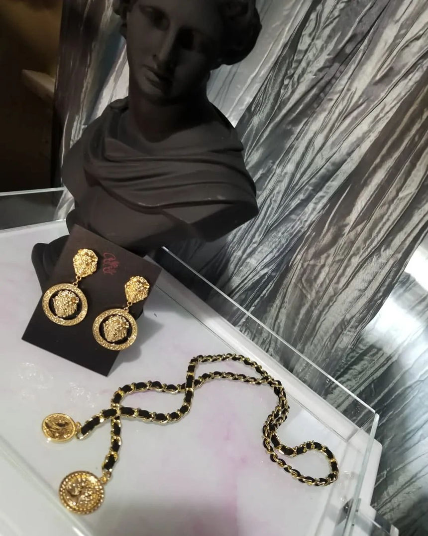 Gold Lion Head Statement Earrings- Bold Vintage Style Royal Medallion Dangles