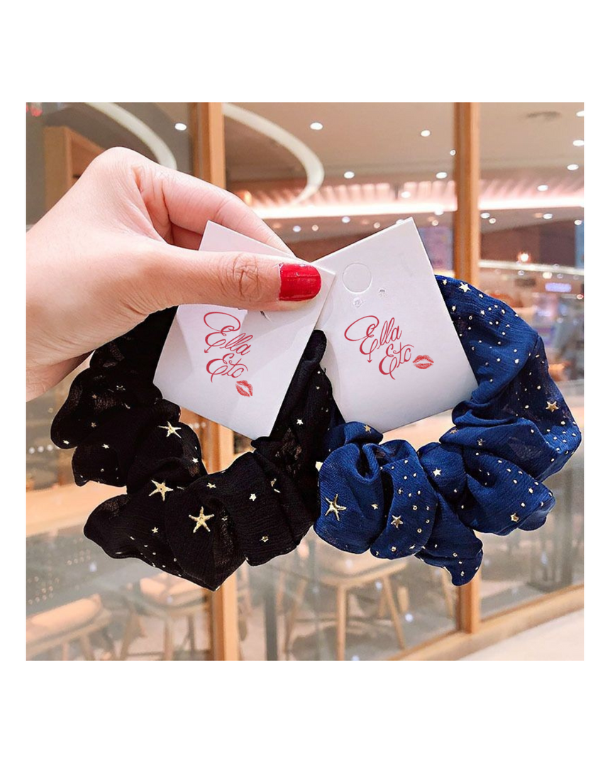Celestial Star Scrunchies – Black or Blue Hair Tie Accessories with Gold Star Print