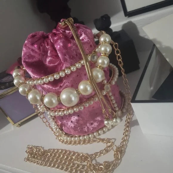 Pink velvet handbag with pearl chain oand removable gold tone chain