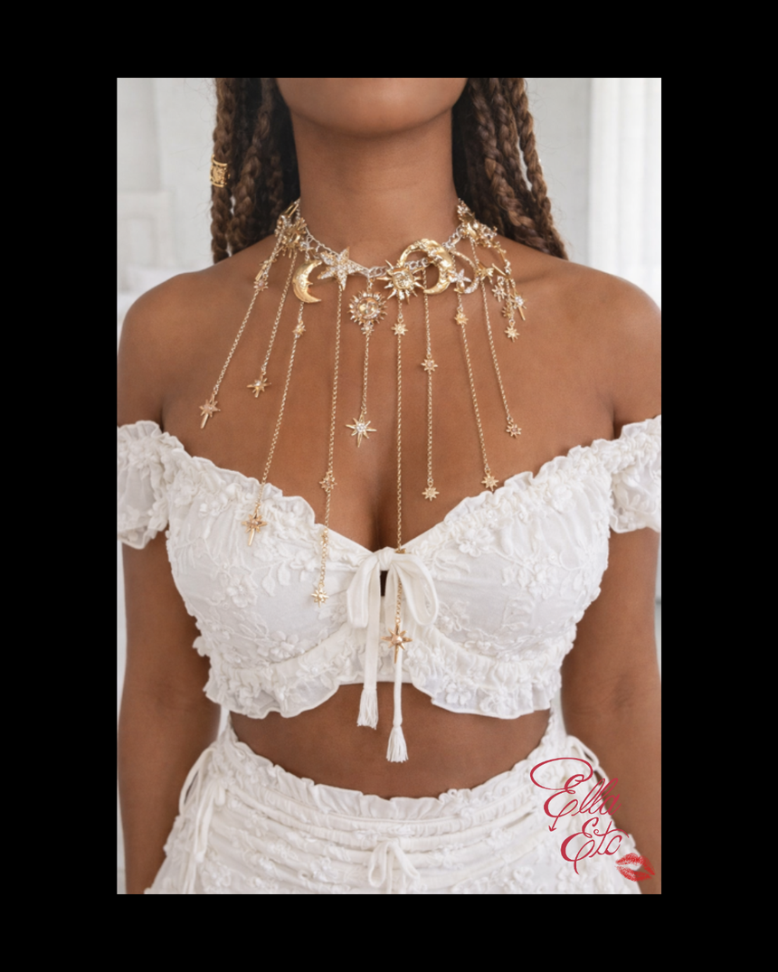 Cosmic Empress Moon, Sun & Star Fringe Necklace | Adjustable Choker