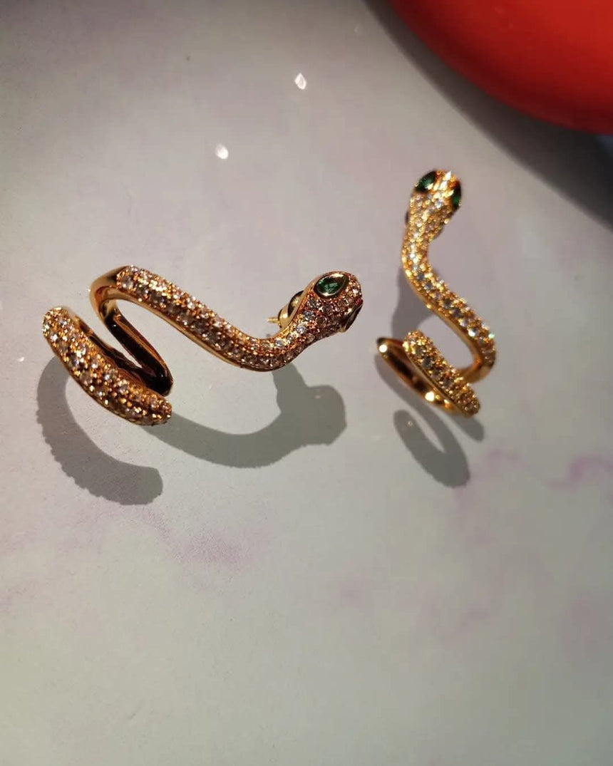 Pavé Serpent Snake Stud Earring with Green Jeweled Eyes | Gold or Silver Tone | Pierced Ears | Sold Individually