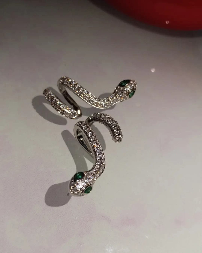 Pavé Serpent Snake Stud Earring with Green Jeweled Eyes | Gold or Silver Tone | Pierced Ears | Sold Individually