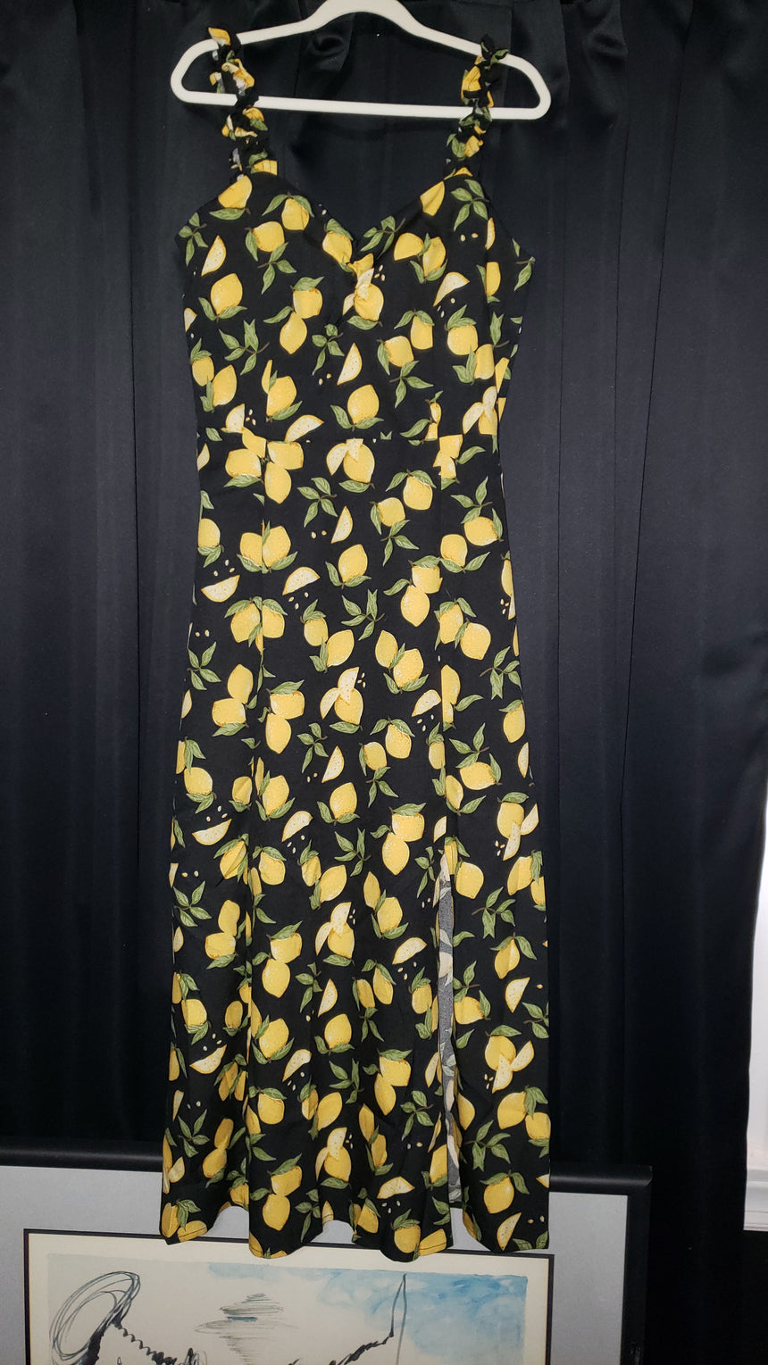 Lemon Print Midi Slip Dress with Slit, Ruched Back & Zipper Closure