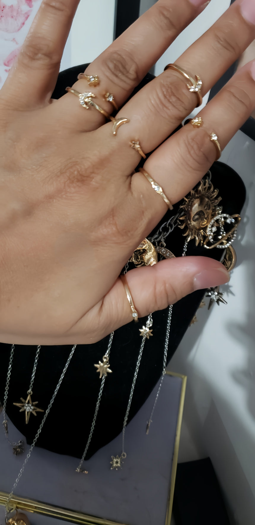 Gold Tone Celestial Stackable Ring Set – Adjustable Moon & Star Rings (7-Piece)