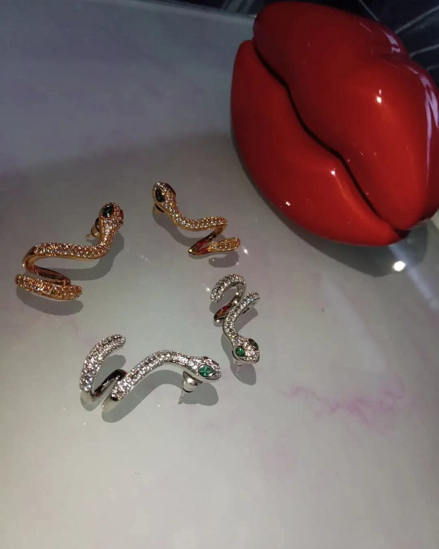 Pavé Serpent Snake Stud Earring with Green Jeweled Eyes | Gold or Silver Tone | Pierced Ears | Sold Individually