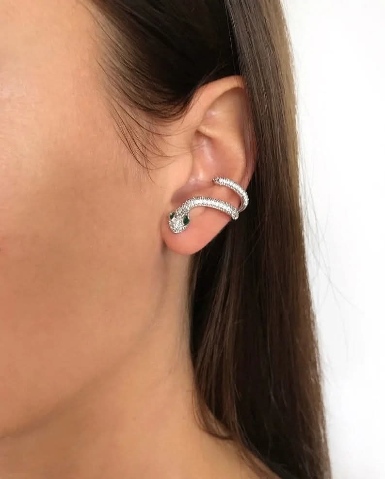 Pavé Serpent Snake Stud Earring with Green Jeweled Eyes | Gold or Silver Tone | Pierced Ears | Sold Individually