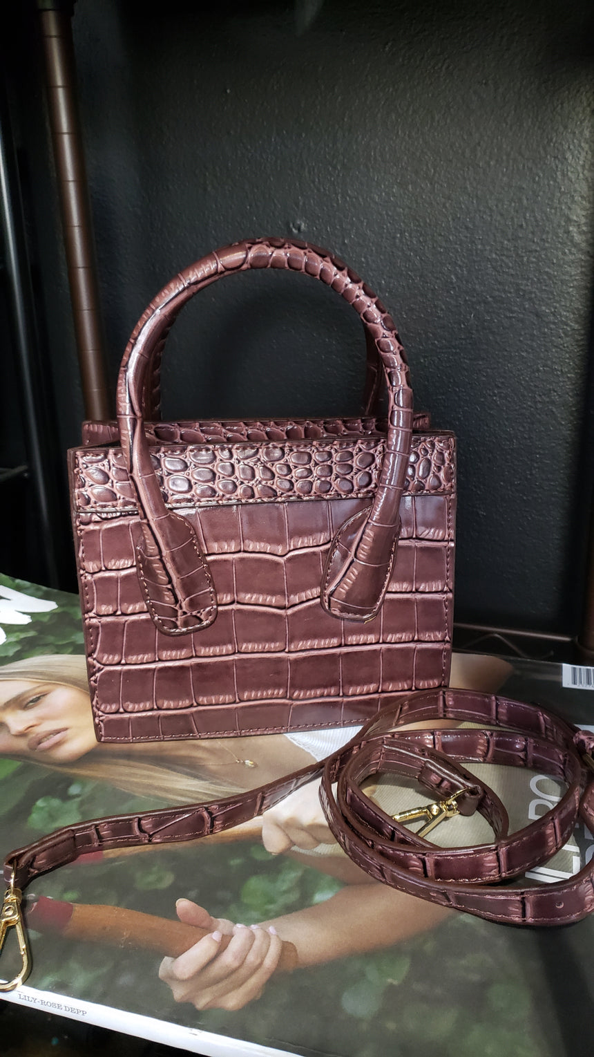 Faux Croc Embossed Mini Handbag- Brown