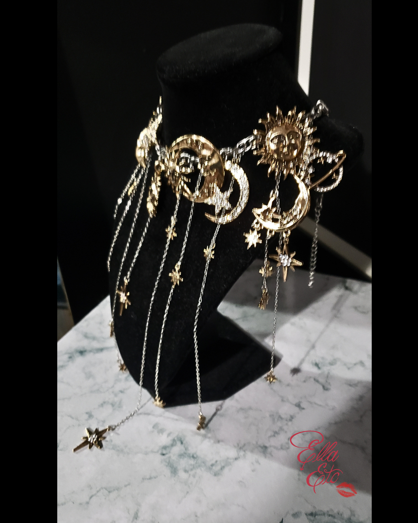 Cosmic Empress Moon, Sun & Star Fringe Necklace | Adjustable Choker