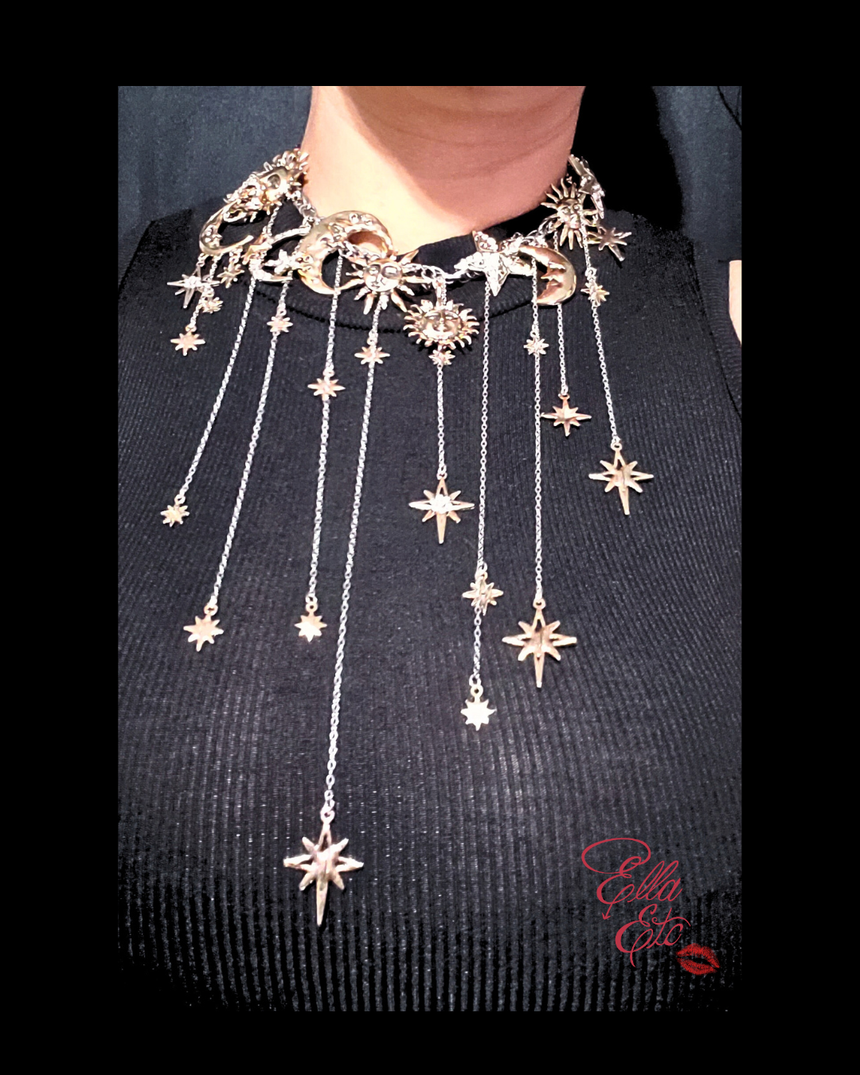 Cosmic Empress Moon, Sun & Star Fringe Necklace | Adjustable Choker