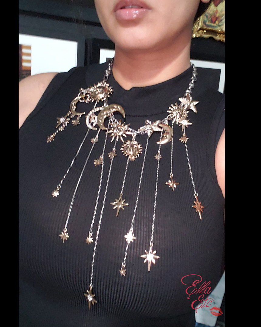 Cosmic Empress Moon, Sun & Star Fringe Necklace | Adjustable Choker
