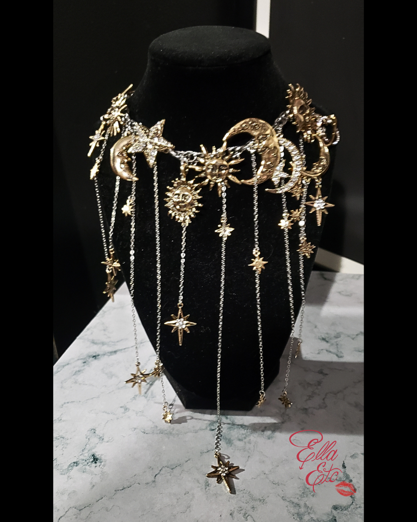 Cosmic Empress Moon, Sun & Star Fringe Necklace | Adjustable Choker