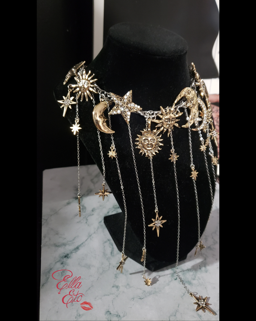 Cosmic Empress Moon, Sun & Star Fringe Necklace | Adjustable Choker