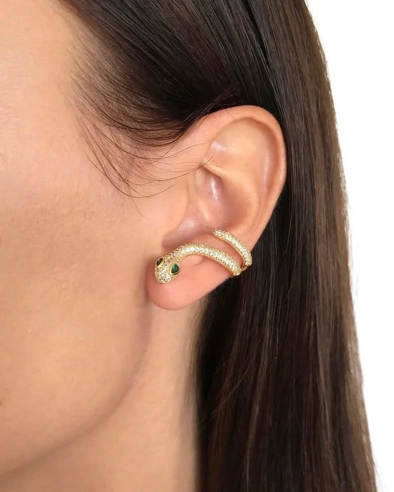 Pavé Serpent Snake Stud Earring with Green Jeweled Eyes | Gold or Silver Tone | Pierced Ears | Sold Individually