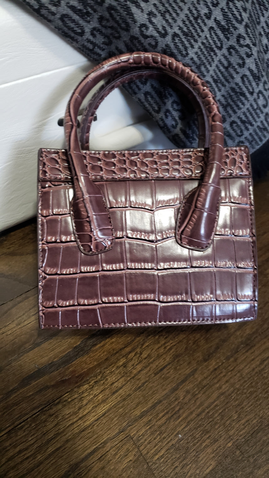 Faux Croc Embossed Mini Handbag- Brown