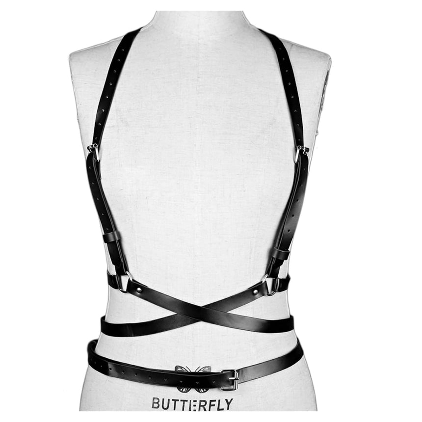 Black faux leather adjustable body harness belt on mannequin 