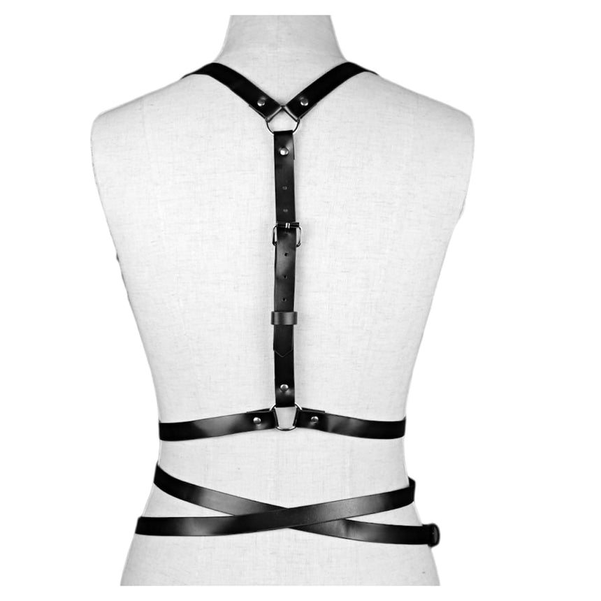 Back view of vegan leather harness belt with silver buckle straps 