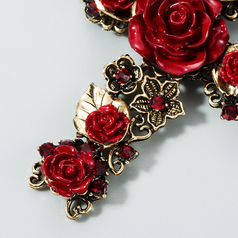 Vintage Cross Red Rose Earrings