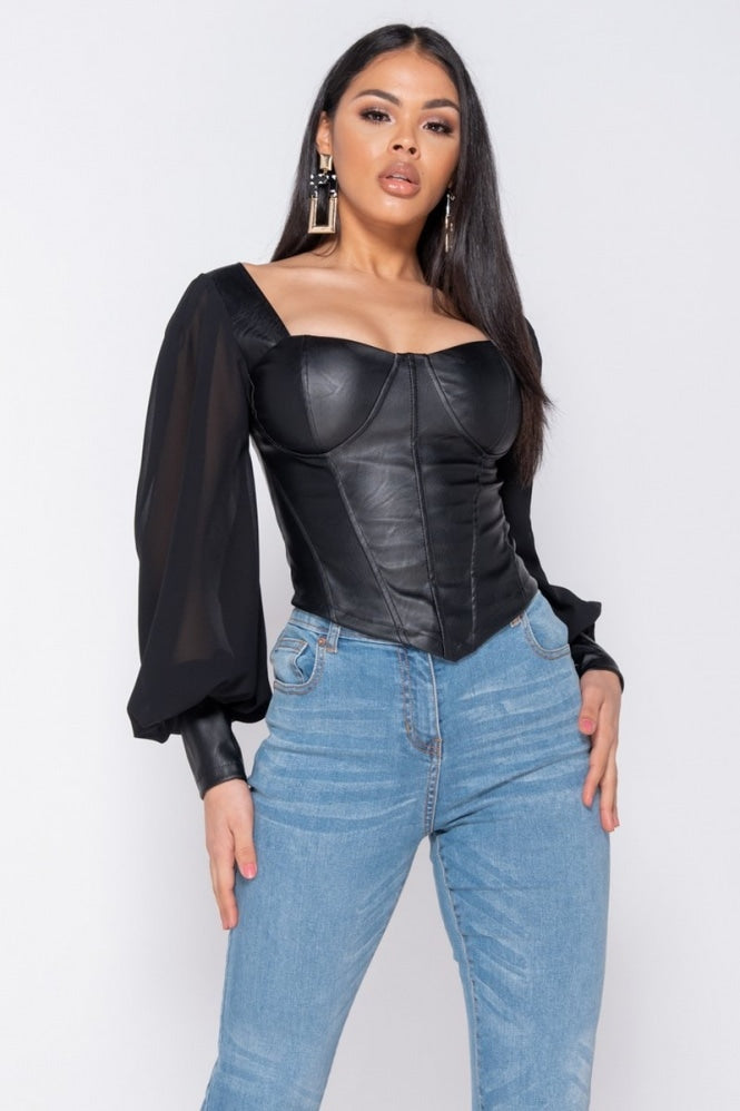 Black Leather Corset Top Puff Sleeve