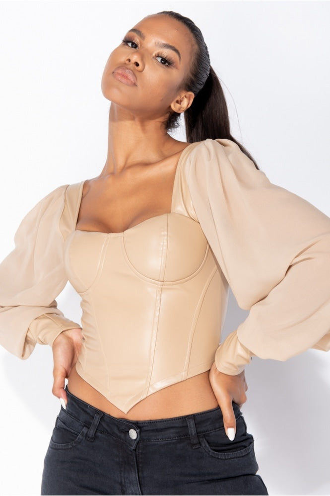 Nude Leather Corset Top Puff Sleeve