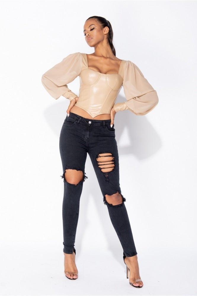 Nude Leather Corset Top Puff Sleeve