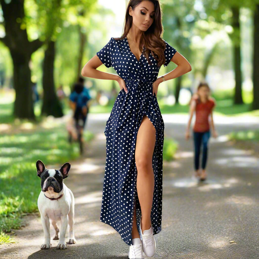 polka dot summer dress Polka Dot Maxi Dress – Wrap Style with High Slit, Short Sleeve Summer – Ella Etc